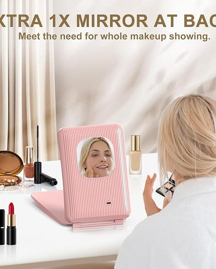 Mocado Travel Makeup Mirror with Light, 1x/10x Magnifying Mirror with Light, 3 Colors Lighted Magnifying Mirror, 2000mAh Rechargeable Lighted Makeup Mirror, Dimmable Touch, Memory Function (Pink)