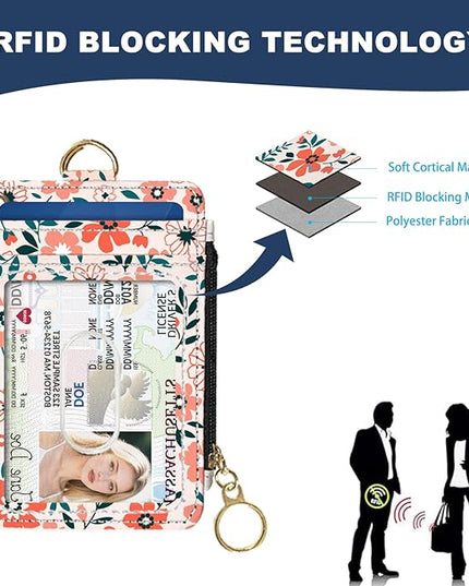 Slim Wallet Credit Card Holder, Orange Floral Print X, RFID Wallet Women Cute Small Front Pocket Wallet With Zipper, PU Leather Thin travel RFID Blocking Card Case ID Window,Ladies Gifts