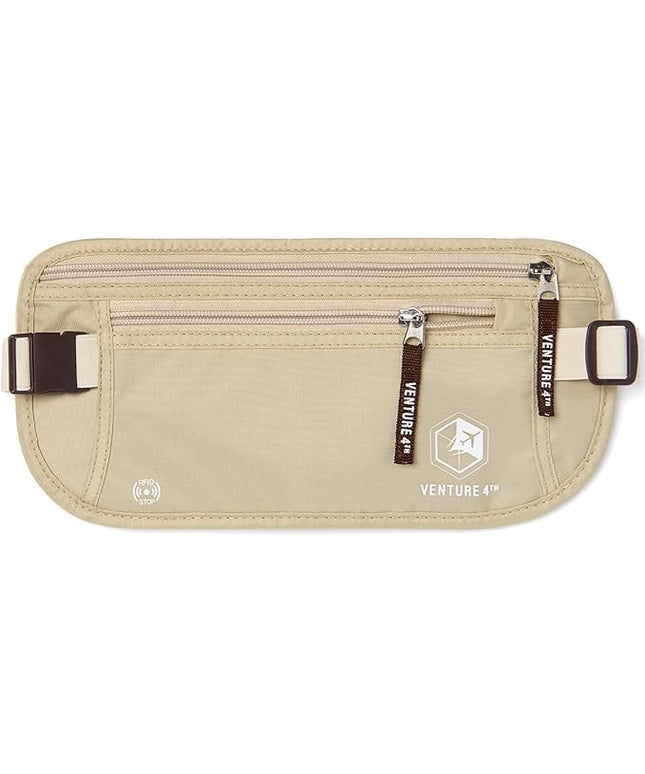 VENTURE 4TH Money Belt for Travel – Hidden Under-Clothes RFID Blocking Passport Holder & Slim Travel Wallet Pouch for Men & Women to Protect Cash, Cards & Documents (Beige)