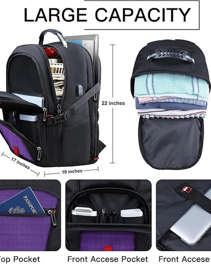 Travel Backpack, 18.4 Inch Laptop Backpacks for Men Women with USB Port, 55L Anti Theft Water Resistant College Bussiness TSA Airline Approved Work Computer Backpack, Purple