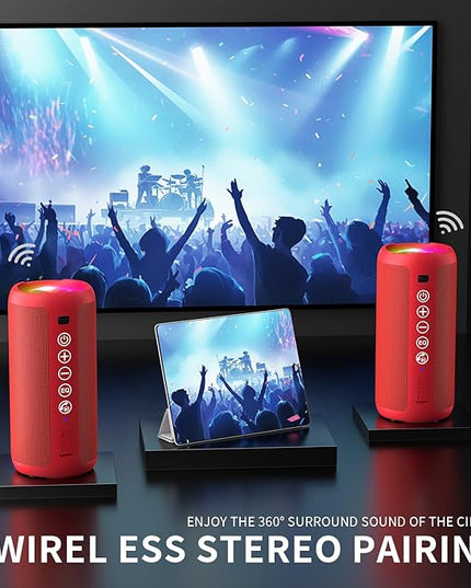 Ortizan Portable Bluetooth Speaker: IPX7 Waterproof, 24W Loud Sound, Deep Bass, Bluetooth 5.3, LED Lights, Wireless Stereo Pairing, 30H Playtime, for Home/Outdoor/Party/Beach, Birthday Gift (Red)