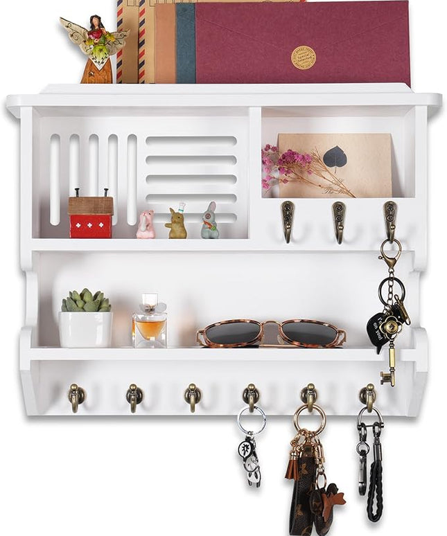 Mutsault Key Holder for Wall, Mail and Key Holder for Home Decor, Key and Mail Holder for Wall with Key Hooks, White
