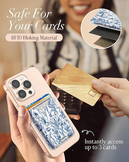 Shorogyt Compatible with Magsafe Wallet Magnetic Card Holder - Blue Flower Phone Wallets for Women Teen Girls Cute for iPhone 17/16/15/14/13/12 Series Slim for Apple Mag RFID Magnet, Fit 3 Cards