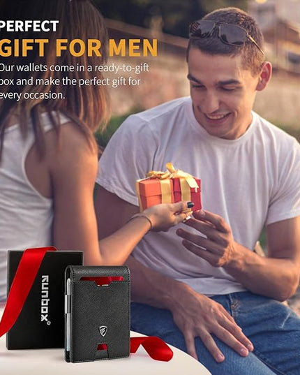 RUNBOX Mens Slim Wallet with Money Clip RFID Blocking Bifold Credit Card Holder for Men with Gift Box