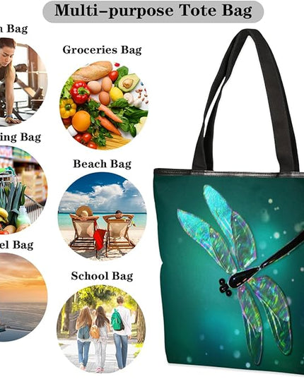 Dragonfly Cute Canvas Tote Bags, Eco Friendly Reusable Grocery Shopping Bags for Beach, Books, Women & Girls With Zipper Inner Pocket