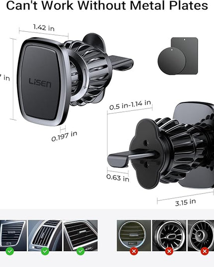 LISEN 2 Pack Magnetic Phone Holder for Your Car Magnet for Phone Car Mount Vent 6 Military Magnets Vent Cell Phone Holder Mount for Car Plate Fit All iPhone 17/16/15/14/13 Pro Max Plus Samsung S25