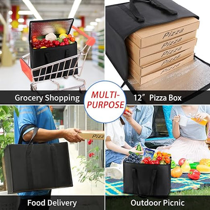 CIVJET 1-Pack Insulated Reusable Grocery Bags, X-Large Insulated Food Delivery Bag for Drivers/Catering/Rideshare, Commercial Food Warmer for Shopping, Tote Cooler Bags, Black
