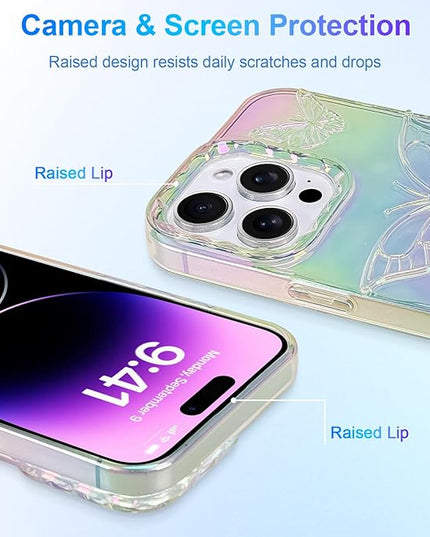 Cute Case for iPhone 14 Pro Case for Women Girls, with 3D Butterflies Pattern Design, Aesthetic Clear Iridescent Glitter Kawaii Girly Rainbow Protective Phone Cover