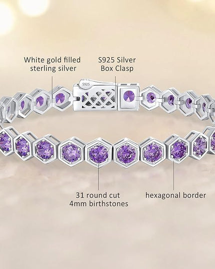 Birthstone Tennis Bracelets for Women Birthday Gifts 925 Sterling Silver Hexagon White Gold Bracelets Round Cut 5A Cubic Zirconia Prong Setting 7 Inch Anniversary Jewelry Gift
