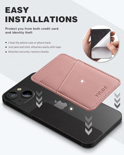 VULKIT Phone Card Holder Wallet Leather Adhesive Pocket RFID Blocking Credit Card Sleeves Stick Back of Phone Smartphones Rose