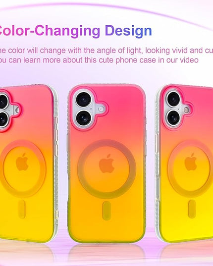 Aesthetic Case for iPhone 17 Case for Women Girls [Compatible with Magsafe] Cute Girly Trendy Glitter Sparkly Rainbow Magnetic Protective Phone Cover, Matte Iridescent Red & Yellow