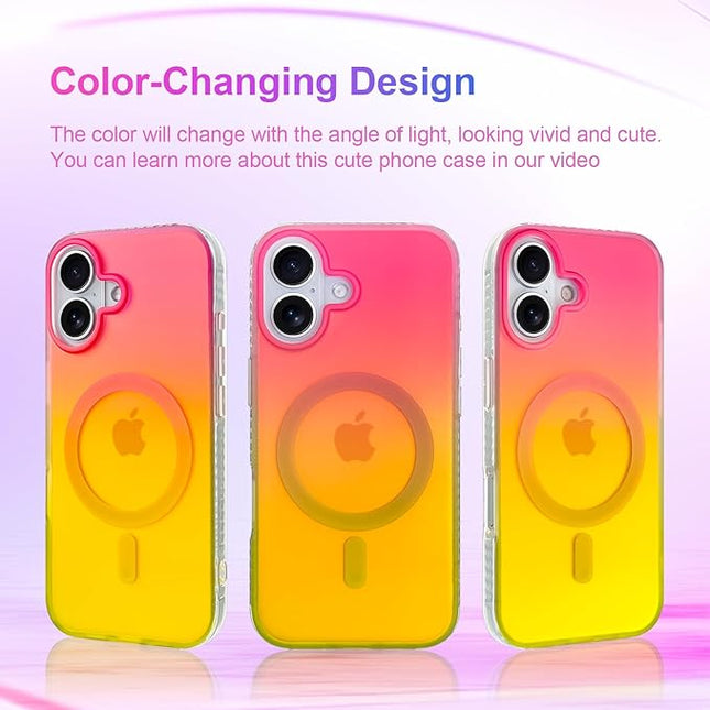 Aesthetic Case for iPhone 17 Case for Women Girls [Compatible with Magsafe] Cute Girly Trendy Glitter Sparkly Rainbow Magnetic Protective Phone Cover, Matte Iridescent Red & Yellow
