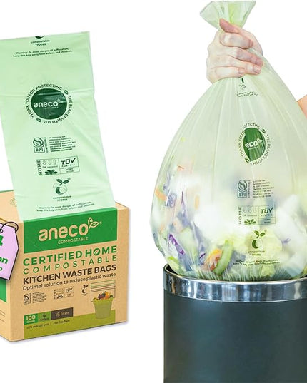 ANECO Compostable Trash Bags 4 Gallon (Flat-Top, 100 Count), Extra Strong for Medium Kitchen Garbage, OK Compost HOME & BPI Certified Compostable