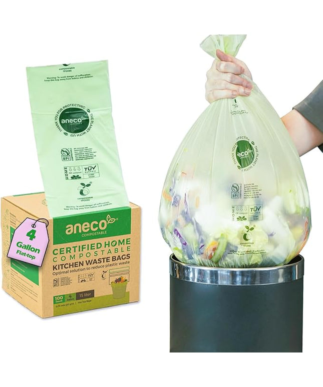 ANECO Compostable Trash Bags 4 Gallon (Flat-Top, 100 Count), Extra Strong for Medium Kitchen Garbage, OK Compost HOME & BPI Certified Compostable