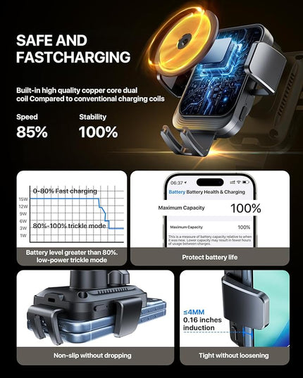 Wireless Car Charger, 15W Fast Charging Auto Clamping Car Charger Phone Mount Phone Holder fit for iPhone 17 16 15 14 13 12 Pro Max 11 SE XR XS for Samsung Galaxy S25 Ultra S24 S23,Black