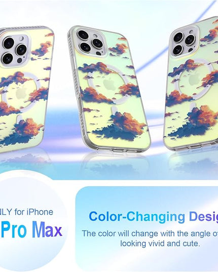 Cute Case for iPhone 16 Pro Max Case for Women Girls [ Compatible with Magsafe ] Aesthetic Cloud Pattern Design, Girly Glitter Sparkly Bling Protective Phone Cover, Iridescent Sun Set Sky