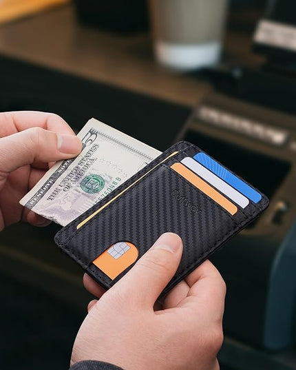 Buffway Slim Minimalist Front Pocket RFID Blocking Leather Wallets for Men and Women - Carbon Fiber Black