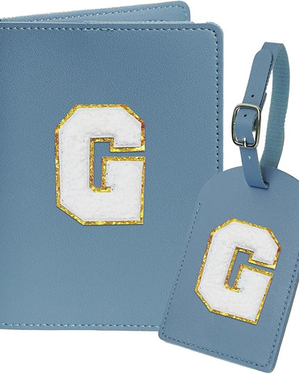 Initial Passport Cover Holder and Luggage tag Set,PU Leather Passport Case Travel Suitcase Tag with Letter Patch, Personalized Travel Luggage Accessories Gifts for Women Grils Teenage Haze Blue G