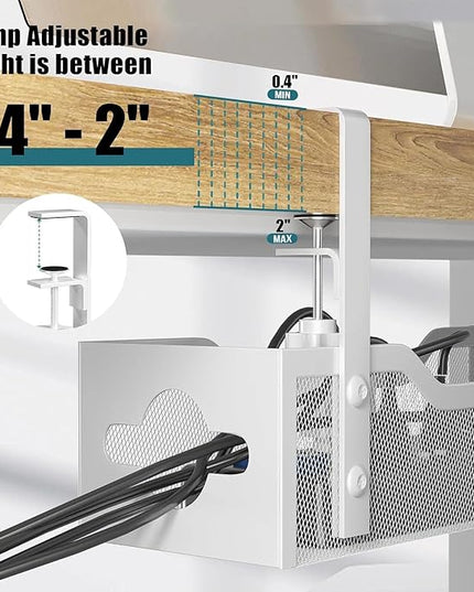 Under Desk Cable Management Tray 32'', Cable Management Under Desk No Drill, Cable Organizer with Clamp for Wire Management, Cord Organizer for Office, Home - No Damage to Table (White)