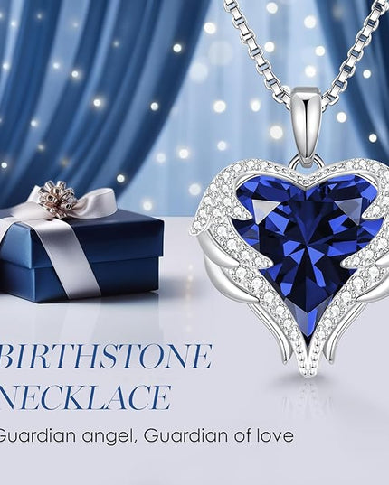 CDE Christmas Gifts for Women Angel Wings Necklace for Women with Birthstone, Love Heart Silver Tone/Gold Tone Pendant, Ideal Anniversary or Birthday Jewelry Gifts for Wife Girlfriend Her