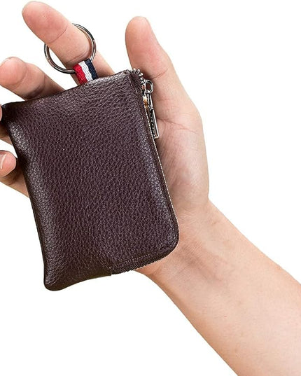 Plinvo Mini Genuine Leather Wallet Coin Purse with Dual Keyrings Compact Change Pouch and Card Holder for Men and Women (Coffee)