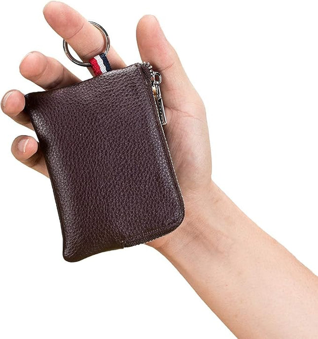 Plinvo Mini Genuine Leather Wallet Coin Purse with Dual Keyrings Compact Change Pouch and Card Holder for Men and Women (Coffee)