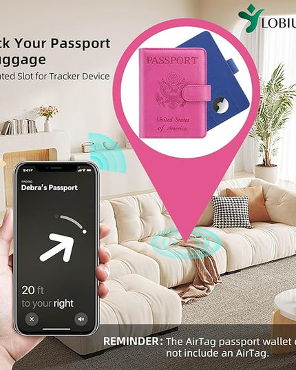 2 Pack Passport Holder For Travel with Slot for AirTag & Luggage Tag Cover – RFID Blocking Passport Holder for Travel Women/Men | PU Leather Passport Case with Pocket, Blue/Pink
