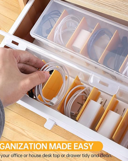 Clear Cable Organizer Box with Lid, Plastic Charger Cable Cord Storage Organizer, Office Desk Organizers, Multifunctional Accessories Storage for Home Drawer Office, Stackable, Clear