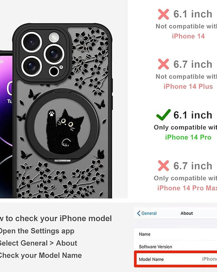 Cute Case for iPhone 14 Pro Case with Stand [ Compatible with MagSafe ] Kawaii Black Cat & Floral & Butterflies Pattern Design 360 Magnetic Ring Kickstand Phone Cover for Women Girls Boys