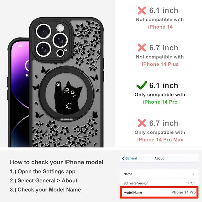 Cute Case for iPhone 14 Pro Case with Stand [ Compatible with MagSafe ] Kawaii Black Cat & Floral & Butterflies Pattern Design 360 Magnetic Ring Kickstand Phone Cover for Women Girls Boys