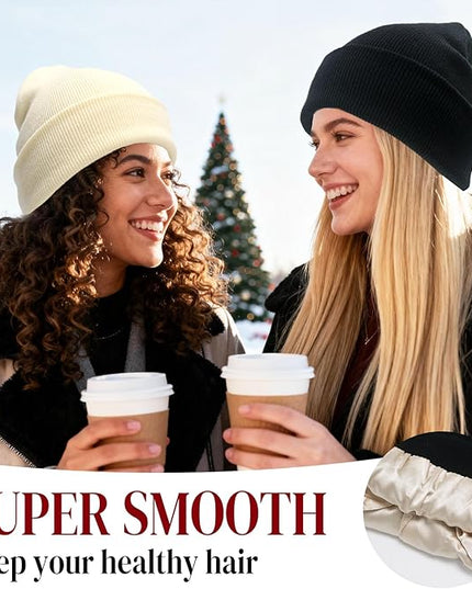 PFFY 2 Packs Womens Satin Lined Beanie Hat Silk Lining Winter Hats Beanies for Women Soft Slouchy Beanie Skull Cap