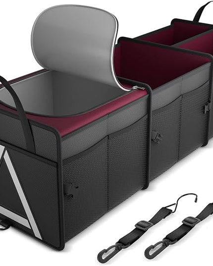 K KNODEL Sturdy Car Trunk Organizer with Premium Insulation Cooler Bag, 3 Compartments Heavy Duty Collapsible for Car, SUV, Truck, or Van (Large, Red)
