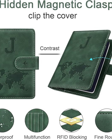 Personalized J Passport Holder Cover Initial Letter Travel Wallet RFID Blocking Passport Cover Credit Card Holder Case Passport Book Holders for Women and Men, Pine Green-J