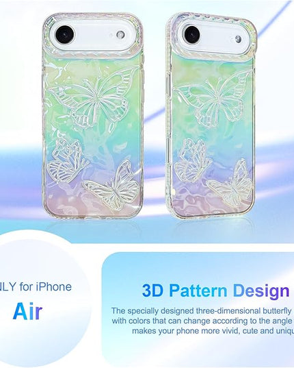 Cute Case for iPhone Air Case for Women Girls, with 3D Butterflies Pattern Design, Aesthetic Clear Iridescent Glitter Kawaii Girly Rainbow Protective Phone Cover