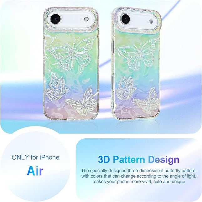 Cute Case for iPhone Air Case for Women Girls, with 3D Butterflies Pattern Design, Aesthetic Clear Iridescent Glitter Kawaii Girly Rainbow Protective Phone Cover