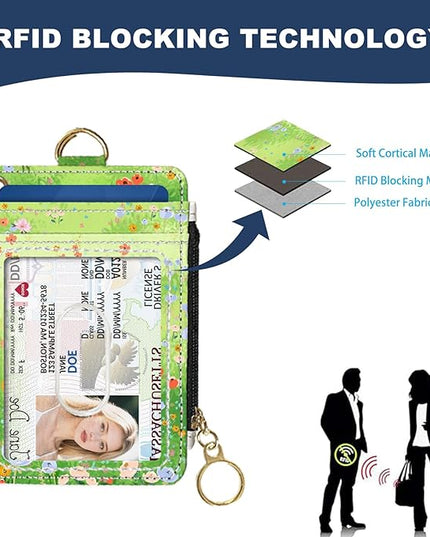 Slim Wallet Credit Card Holder, Cat on the Green Grass, RFID Wallet Women Cute Small Front Pocket Wallet With Zipper, PU Leather Thin travel RFID Blocking Card Case ID Window,Ladies Gifts