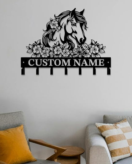 Personalized Custom Name Farm Horse Wall Key Hooks,Metal Horse Art Clothes Hooks,Metal Horse Wall Home Storage Decorative,For Front Door, Hallway, Kitchen, Bedroom,Keys,Hats (Style C)