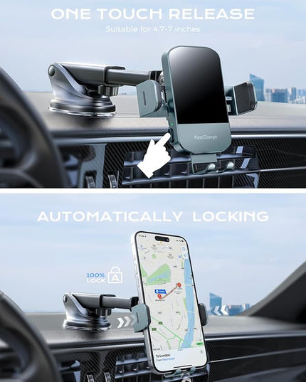 CHGeek Wireless Car Charger, 15W Fast Charging Auto Clamping Car Charger Phone Mount Phone Holder fit for iPhone 15 14 13 12 11 Pro Max Xs, Samsung Galaxy S25 Ultra S24 S23 S22, S21, S20, Green