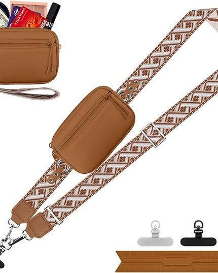 Clip and Go Strap for Phone with Wallet Crossbody, Adjustable Phone Lanyard with Detachable RFID Wristlet Wallet, Pattern Strap, Bronze(M)