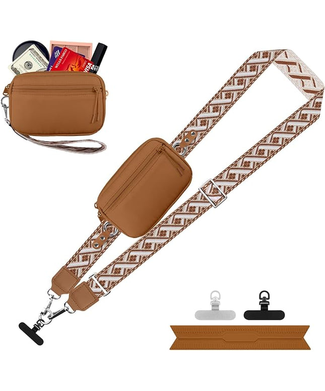 Clip and Go Strap for Phone with Wallet Crossbody, Adjustable Phone Lanyard with Detachable RFID Wristlet Wallet, Pattern Strap, Bronze(M)