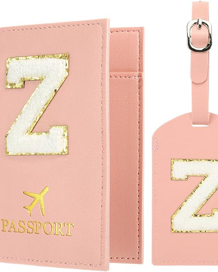 PATIKIL Passport Holder for Travel, Initial Passport Cover and Luggage Tag Set with Alphabet Chenille Letter Patch Travel Wallet Bag Suitcase Identifier for Women Family Travel Pink Z