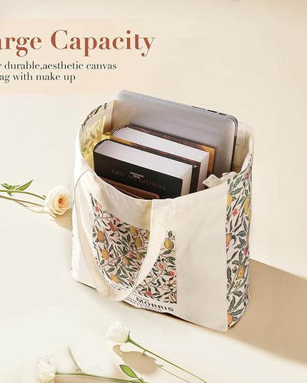 BROADREAM Aesthetic Canvas Tote Bag for Women, Vintage Reusable Book Tote Bag with Inner Zipper Pocket