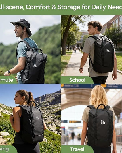 INUK Laptop Backpack for College Students & Work, 25L Lightweight Waterproof Backpack for Business Travel, Hiking Daypack with Padded Sleeve and Safety Whistle, Made from Recycled Materials，Black