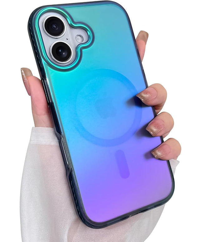 Aesthetic Case for iPhone 17 Case for Women Girls [Compatible with Magsafe] Cute Girly Trendy Glitter Sparkly Rainbow Magnetic Protective Phone Cover, Matte Iridescent Blue & Green