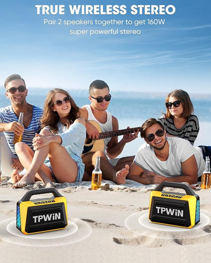 Portable Bluetooth Speakers - Wireless Jobsite Speaker 80W Peak, TWS, Light Shows, Loud Speaker with Deep Bass, BT 5.3, IPX6 Waterproof, 20H Playtime for Outdoor Beach Camping Garage - Yellow
