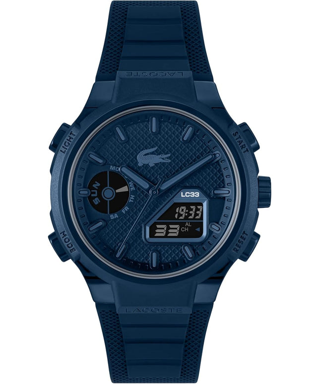 Lacoste LC33 Men's Analog-Digital Watch – TR90 Case, World Clock, Stopwatch, Alarm, Backlight, Textured Silicone Strap, Premium Fashion Timepiece - Gift for Him - 45mm