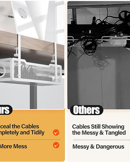 Under Desk Cable Management Tray White, Cinati Wire Organizers No Drill, Cable Tray with Clamp for Wire Management, Cord Organization Box for Office, Home - No Damage to Desk