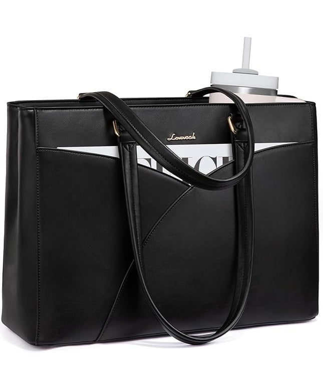 LOVEVOOK Laptop Bag for Women,16 Inch Work Teacher Bags Leather Tote Bag Briefcase Waterproof Computer Bag for Women，Black