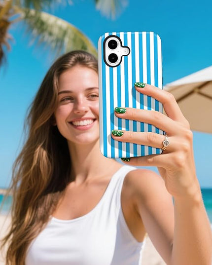 Magnetic for iPhone 16 Plus Case Cute Stripes Phone Case, Shockproof Slim TPU and Hard PC Protective Phone Cover Compatible with MagSafe Designed for Women Girls, Deep Blue