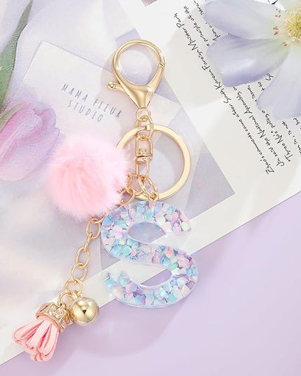 Resin Alphabet Initial Letter Keychain Keyring for Women Purse Handbags With Fur Ball Pom